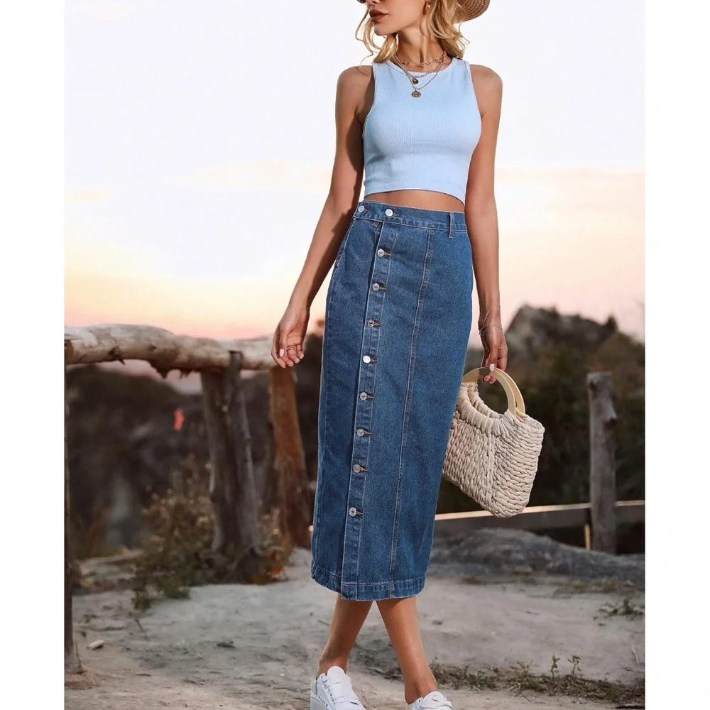Women's Casual High Waisted Solid Button Up Blue Denim Jean Midi Skirt